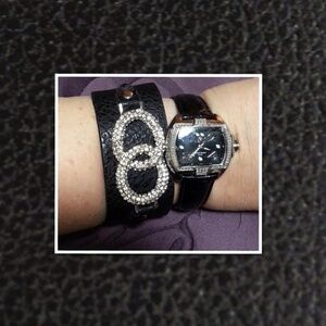 NWOT Pave Black Leather Studded Cuff Bracelet